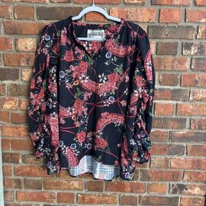 Cupio womens floral ruched sleeve boho hippie peasant blouse black XL